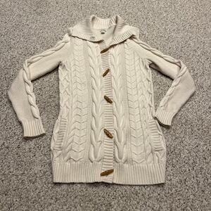 LL Bean Cable Knit Cardigan Sweater Sz M Cream Chunky Long Preppy Cotton